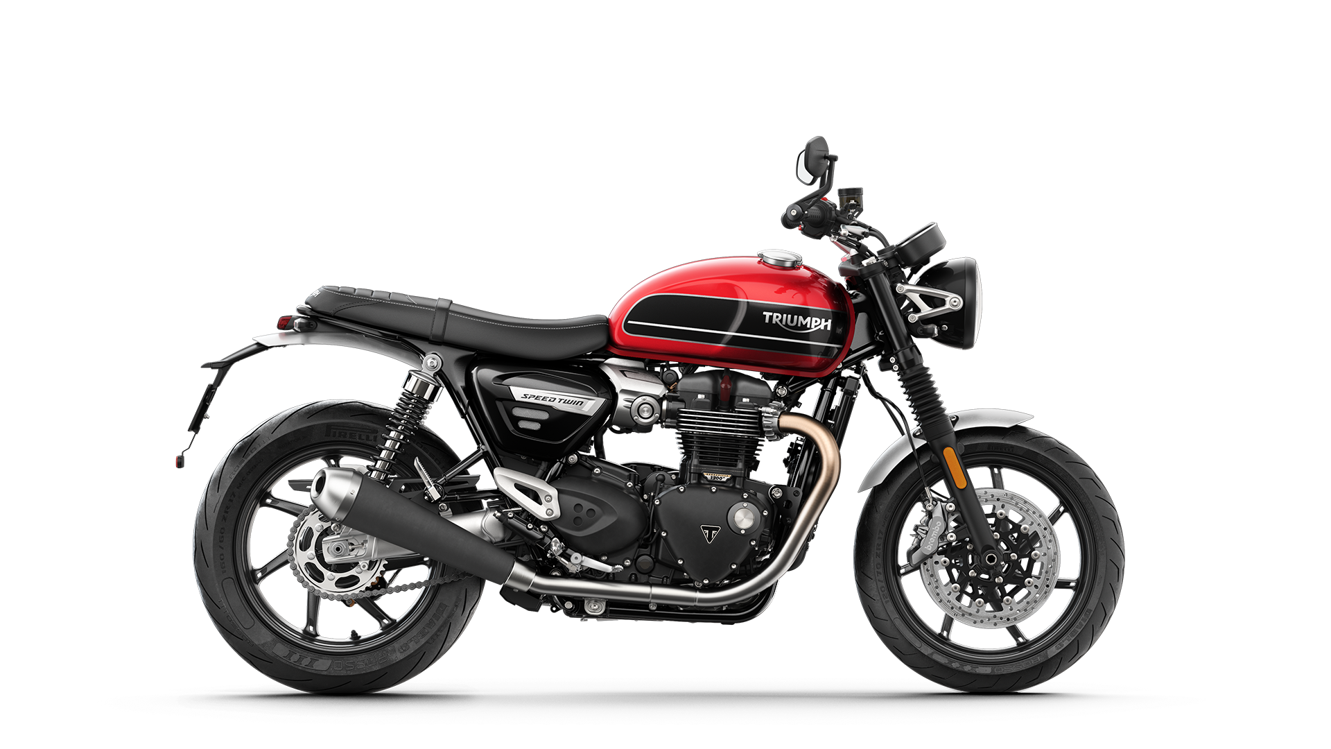 Right hand shoot of the Triumph Speed Twin in Korosi Red and Storm grey with graphite coachline